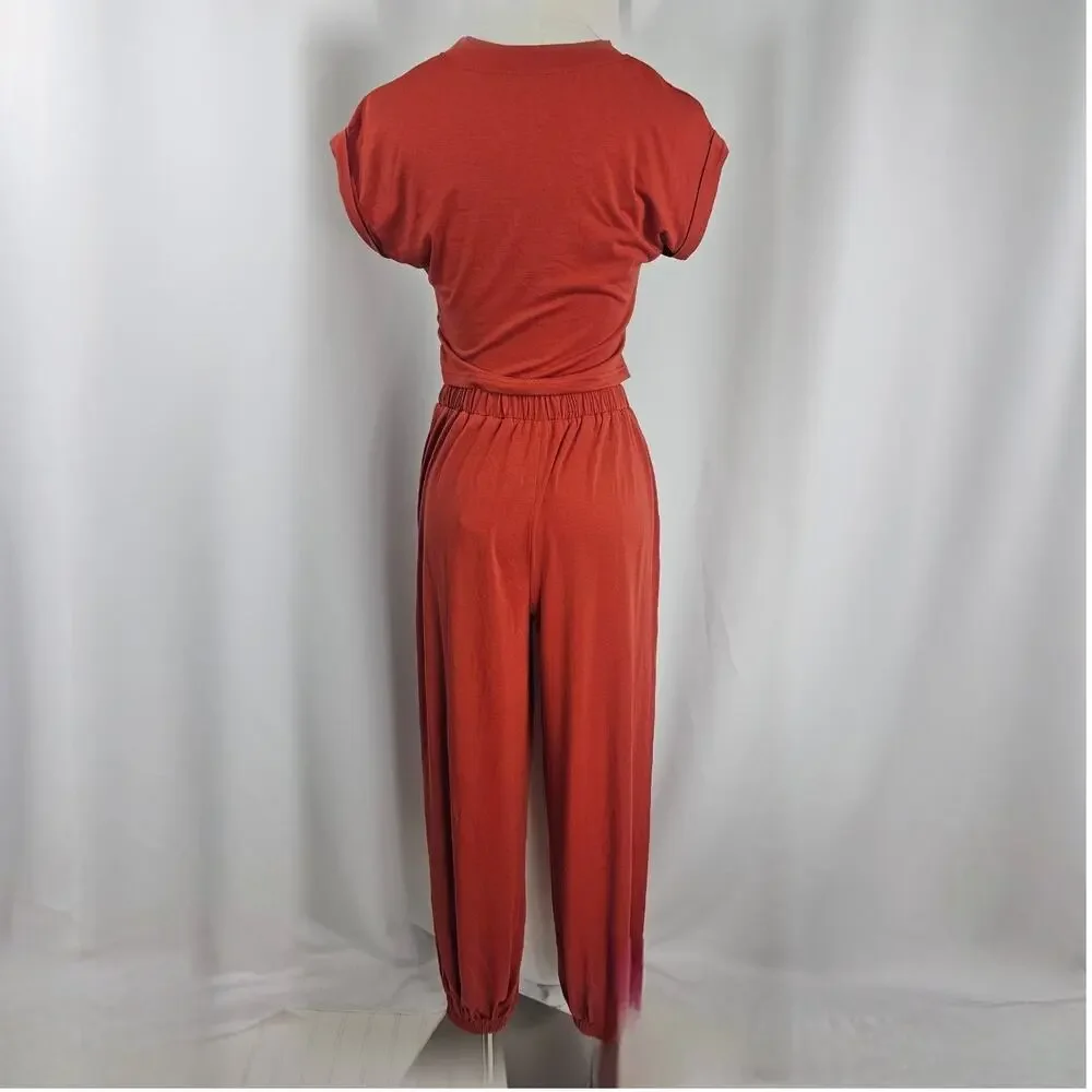 Cupshe Rust Orange Jersey Wide Leg Pants & Cropped Wrap Top Women's Size S NWT - Picture 7 of 16